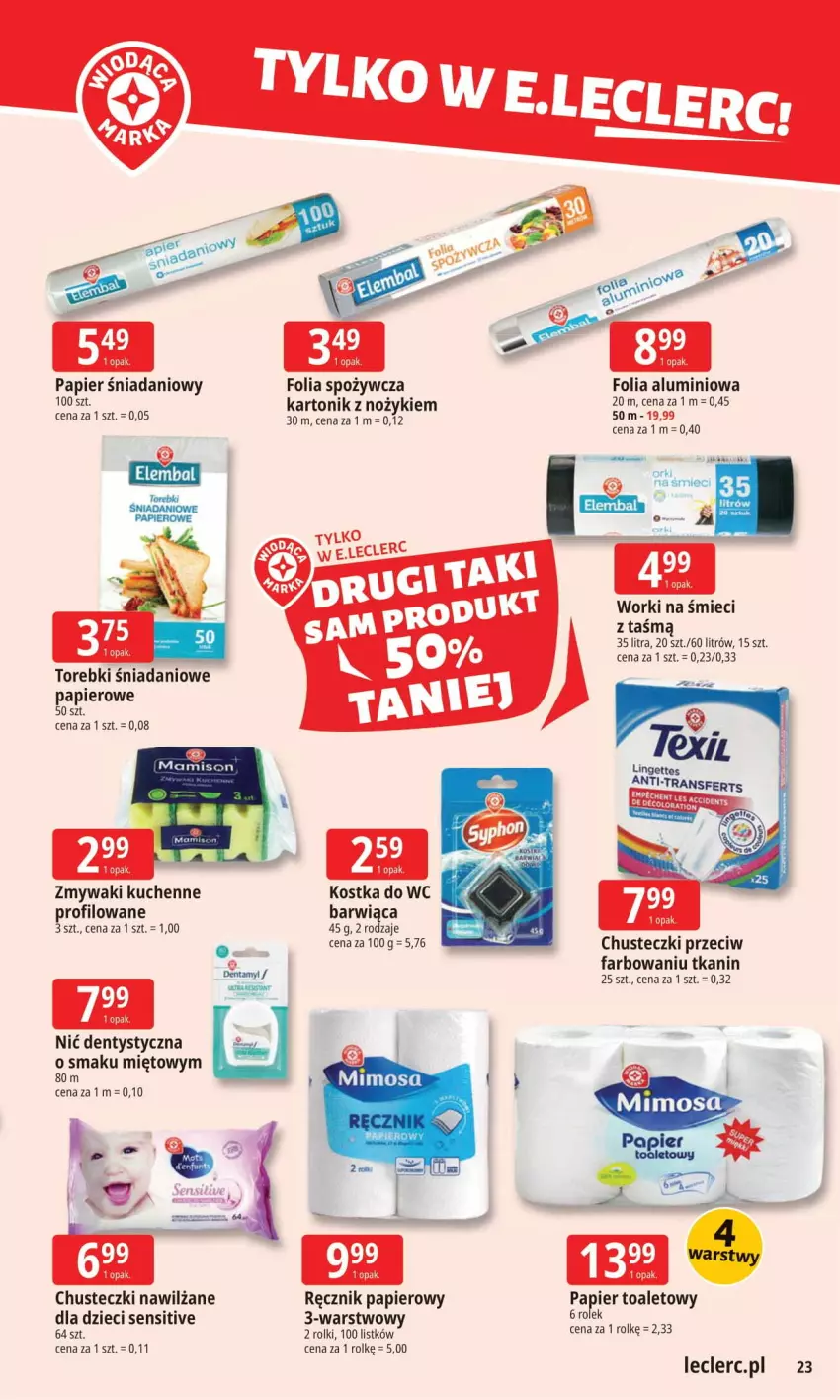 Gazetka promocyjna E Leclerc - ważna 08.09 do 15.09.2025 - strona 23 - produkty: Chusteczki, Danio, Dzieci, Fa, Folia aluminiowa, Kostka do wc, Nić dentystyczna, Noż, Papier, Papier toaletowy, Ręcznik, Rolki, Tonik, Tran, Worki na śmiec, Worki na śmieci, Zmywaki kuchenne