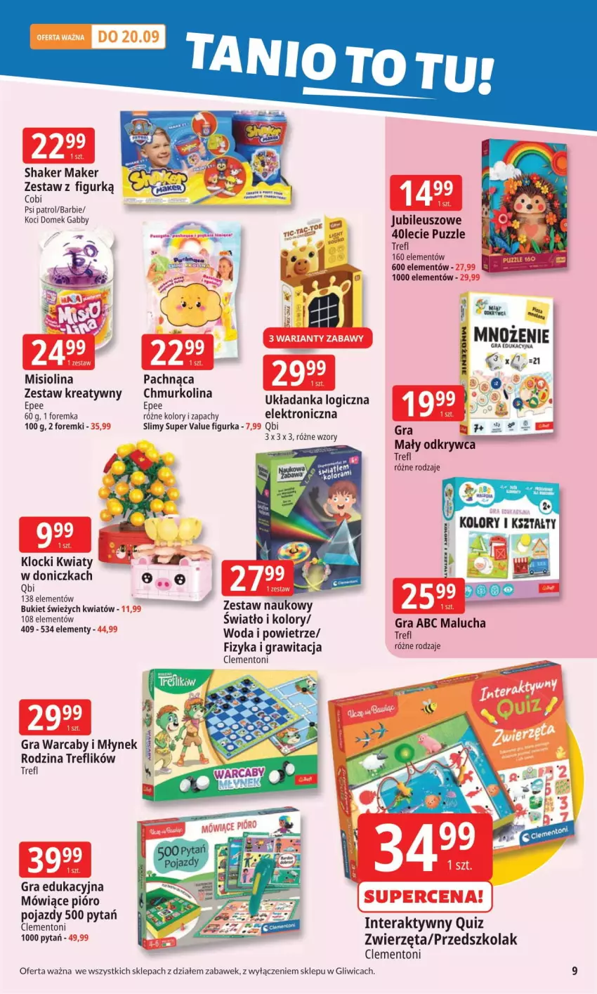 Gazetka promocyjna E Leclerc - ważna 08.09 do 15.09.2025 - strona 9 - produkty: Barbie, Bukiet, Foremki, Gra, Klocki, Koc, Młynek, Pojazd, Psi Patrol, Puzzle, Quiz, Ser, Tera, Układanka, Woda, Zwierzęta