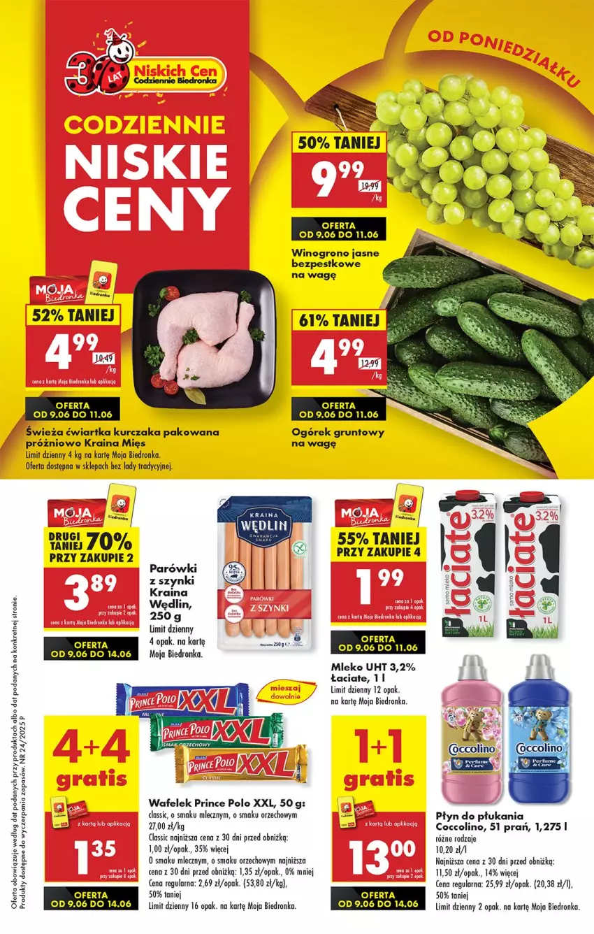 Gazetka promocyjna Biedronka - Od Poniedziałku - ważna 09.06 do 14.06.2025 - strona 1 - produkty: Coccolino, Grunt, Koc, Kret, Kurczak, LG, Milka, Mleko, Ogórek, Parówki, Płyn do płukania, Prince Polo, Wafelek, Wino