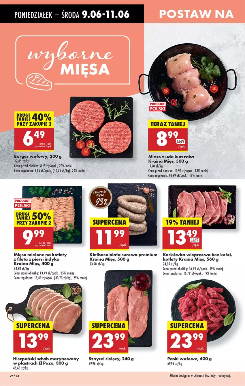 Gazetka promocyjna Biedronka - Od Poniedziałku - ważna 09.06 do 14.06.2025 - strona 26 - produkty: Burger, Karkówka wieprzowa, Kiełbasa, Kiełbasa biała, Kotlet, Kurczak, Mięso, Mięso mielone, Mięso z uda kurczaka