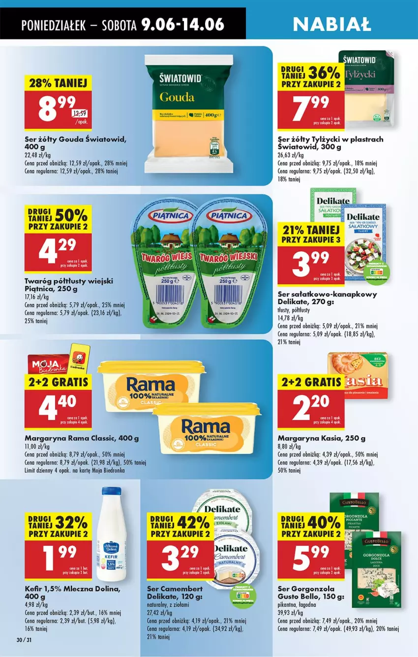 Gazetka promocyjna Biedronka - Od Poniedziałku - ważna 09.06 do 14.06.2025 - strona 34 - produkty: Bell, Camembert, Gorgonzola, Gouda, Gra, Kasia, Kefir, Leon, Margaryna, Piątnica, Rama, Sałat, Ser, Ser sałatkowo-kanapkowy, Twaróg, Twaróg półtłusty