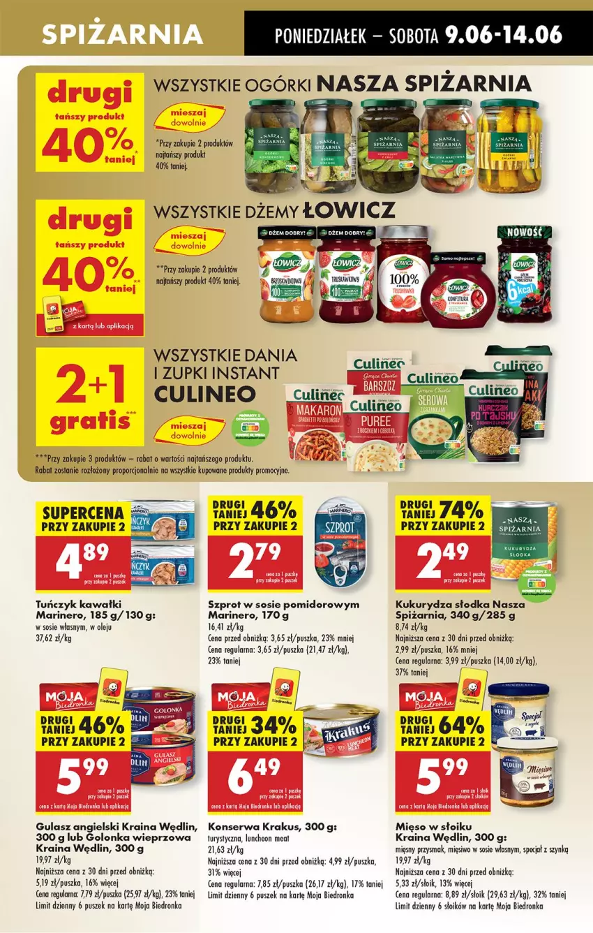 Gazetka promocyjna Biedronka - Od Poniedziałku - ważna 09.06 do 14.06.2025 - strona 39 - produkty: Dżem, Golonka wieprzowa, Kawa, Krakus, Kukurydza, Makaron, Mięso, Mięso w słoiku, Olej, Por, Ser, Sos, Szprot, Szprot w sosie, Tuńczyk