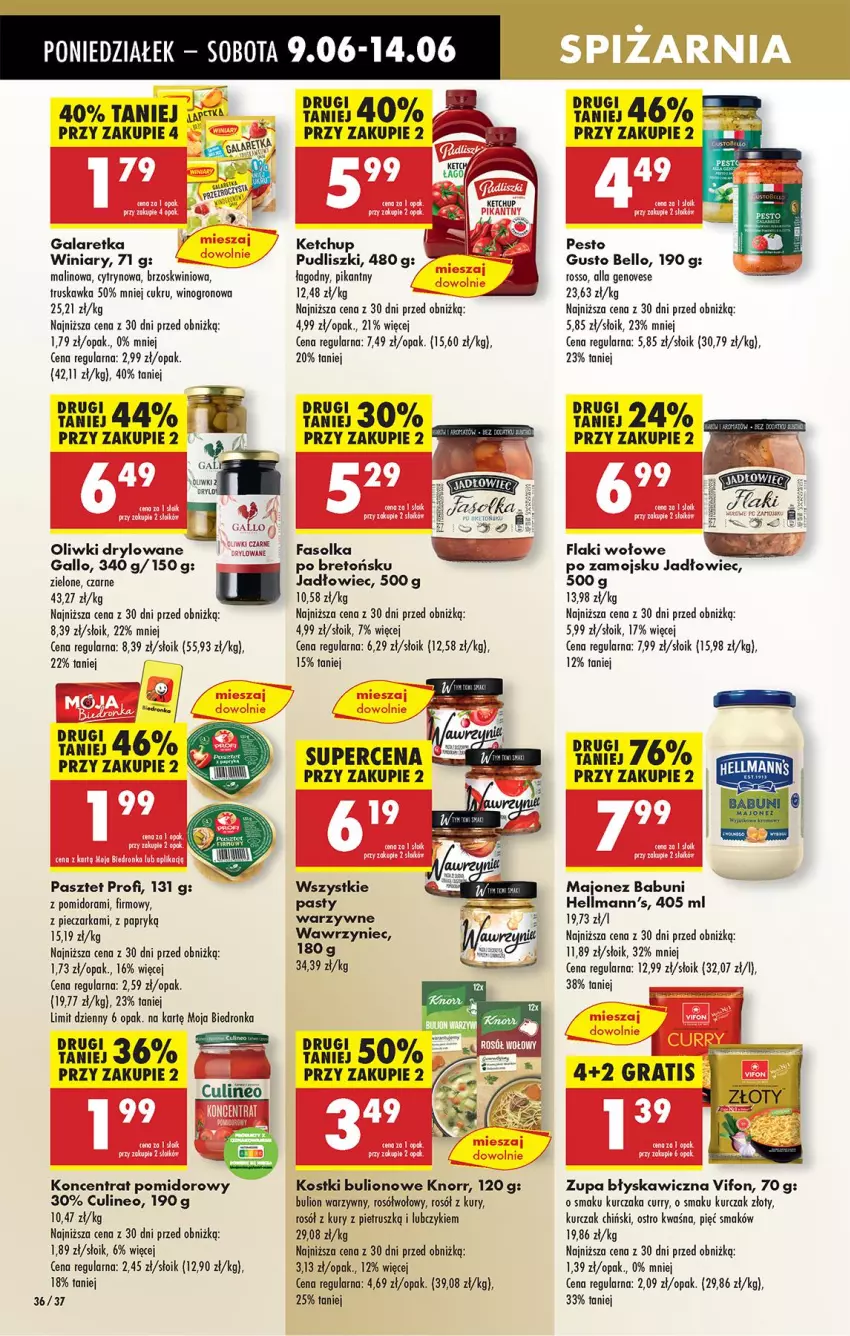 Gazetka promocyjna Biedronka - Od Poniedziałku - ważna 09.06 do 14.06.2025 - strona 40 - produkty: Babuni, Bell, Bulion, Fa, Flaki, Flaki wołowe, Gala, Galaretka, Gra, Ketchup, Knorr, Koncentrat pomidorowy, Kurczak, LG, Lion, Majonez, Oliwki, Pasztet, Pesto, Piec, Pieczarka, Pudliszki, Rosół, Winiary, Wino, Zupa