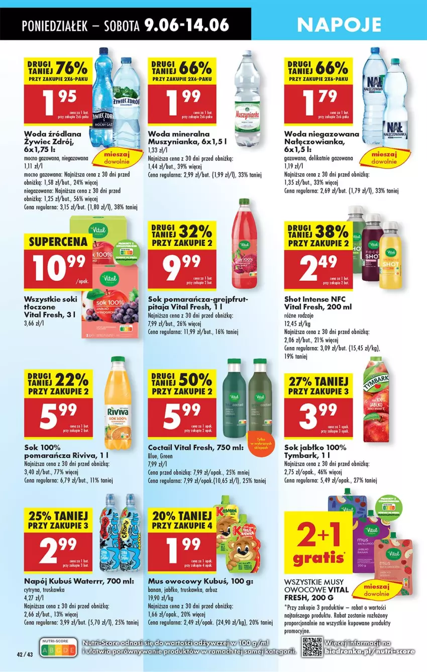 Gazetka promocyjna Biedronka - Od Poniedziałku - ważna 09.06 do 14.06.2025 - strona 46 - produkty: Arbuz, Grejpfrut, Kubuś, Kubuś Waterrr, LANA, Mus, Muszynianka, Nałęczowianka, Napój, Napoje, Por, Sok, Tymbark, Woda, Woda mineralna, Woda niegazowana