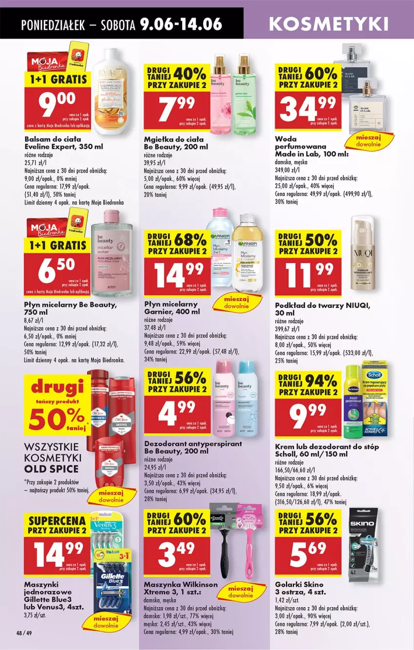 Gazetka promocyjna Biedronka - Od Poniedziałku - ważna 09.06 do 14.06.2025 - strona 52 - produkty: Antyperspirant, Balsam do ciała, Be Be, Dezodorant, Eveline, Fa, Garnier, Gillette, Gra, Maszynka, Niuqi, Nuty, Old Spice, Perfum, Płyn micelarny, Podkład, Podkład do twarzy, Scholl, Szynka, Venus, Woda, Woda perfumowana