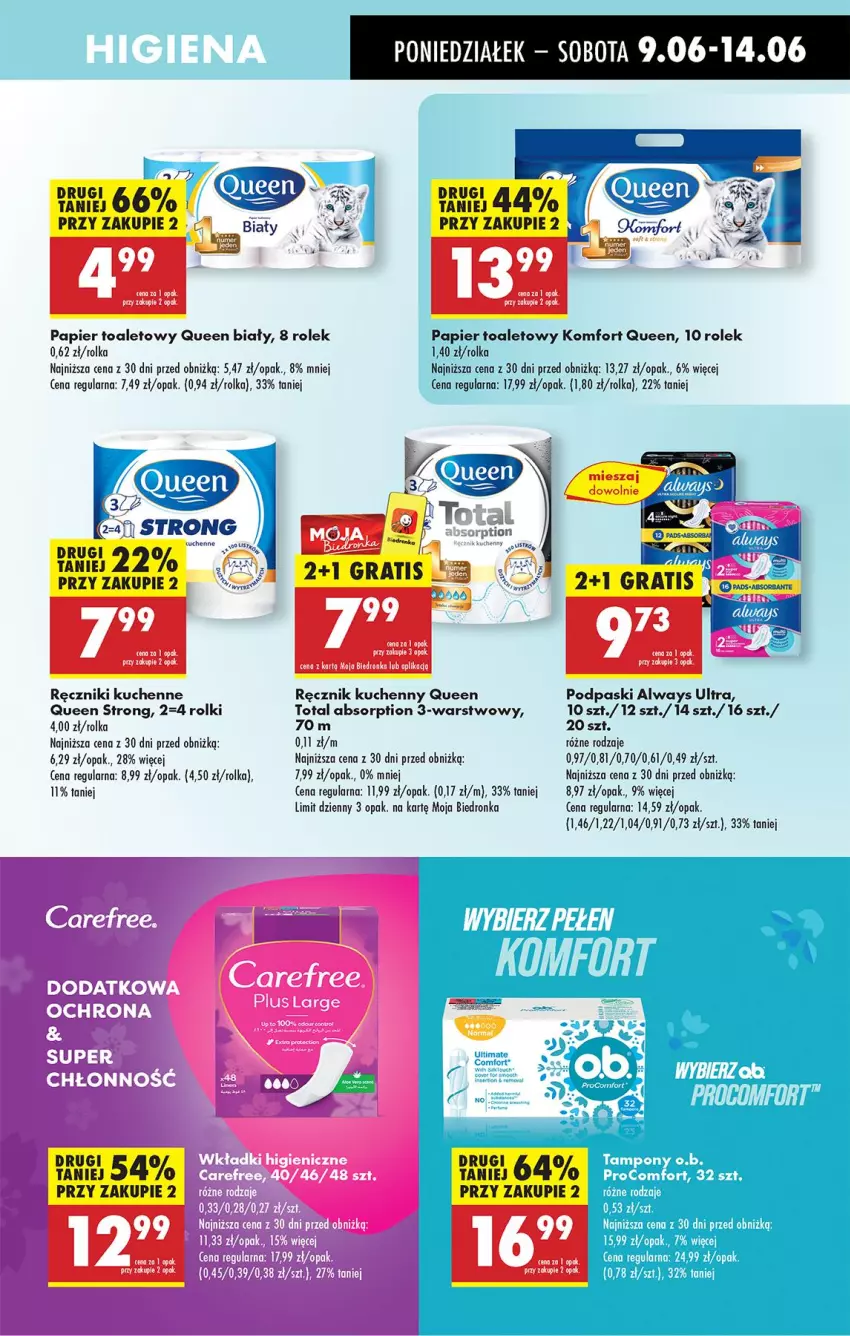 Gazetka promocyjna Biedronka - Od Poniedziałku - ważna 09.06 do 14.06.2025 - strona 53 - produkty: Always, Always Ultra, Carefree, Fa, O.B., Papier, Papier toaletowy, Podpaski, Ręcznik, Ręcznik kuchenny, Rolki, Tampony, Wkładki