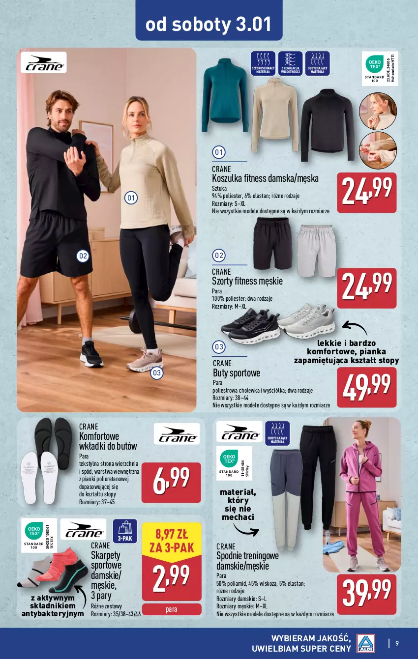 Gazetka promocyjna Aldi - Artykuły przemysłowe i tekstylia - ważna 29.12.2025 do 03.01.2026 - strona 9 - produkty: Buty, Karp, Kosz, Koszulka, Por, Spodnie, Sport, Szorty, Top, Wkładki
