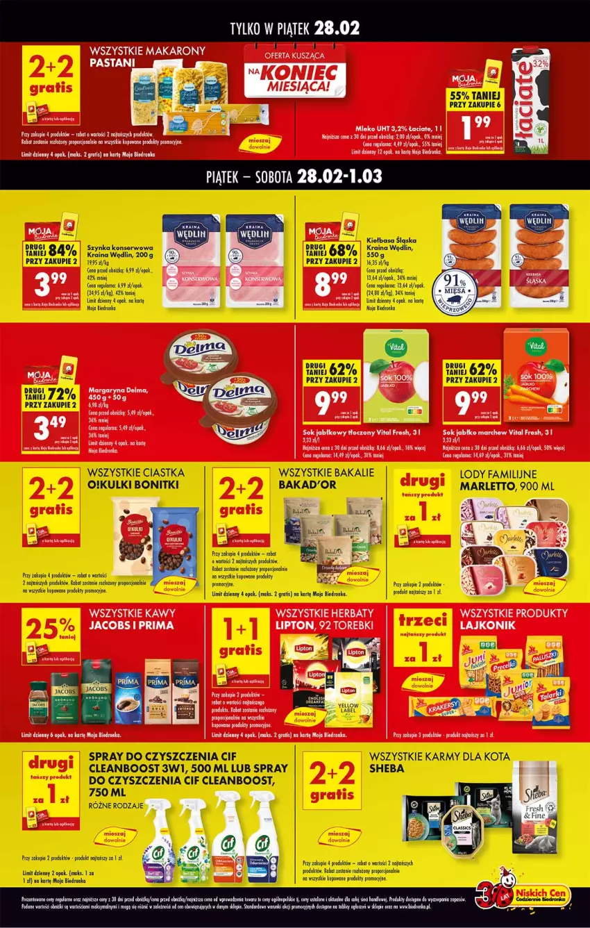 Gazetka promocyjna Biedronka - Tani Weekend - ważna 28.02 do 01.03.2025 - strona 2 - produkty: Bonitki, Ciastka, Cif, Delma, Fa, Gra, Jacobs, Lipton, Lody, Margaryna, Mleko, Por, Prima, Ser, Sheba, Sok, Sok jabłkowy, Spray do czyszczenia