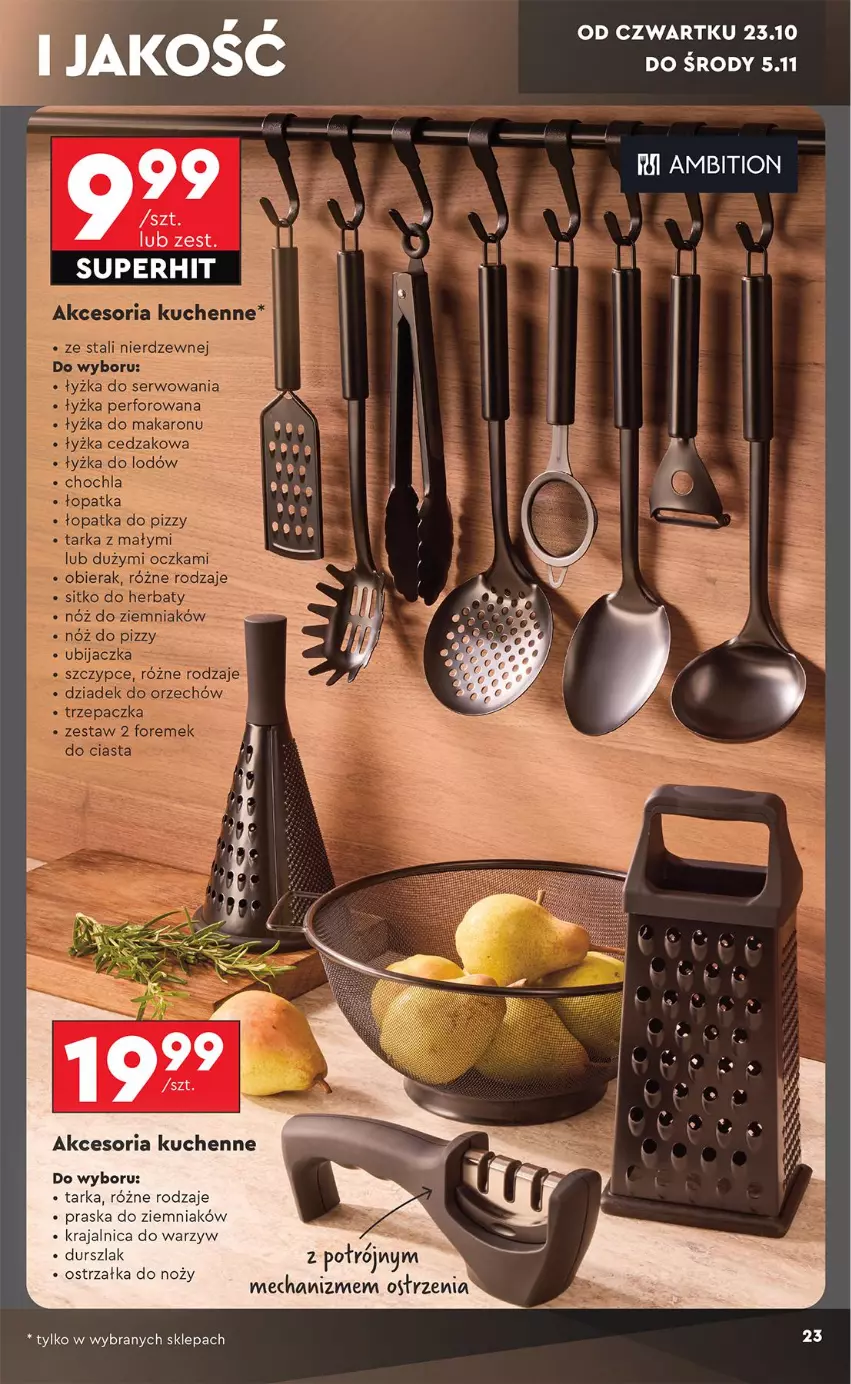 Gazetka promocyjna Biedronka - Okazje Tygodnia - ważna 20.10 do 01.11.2025 - strona 23 - produkty: Durszlak, Noż, Ostrzałka do noży, Praska, Tarka