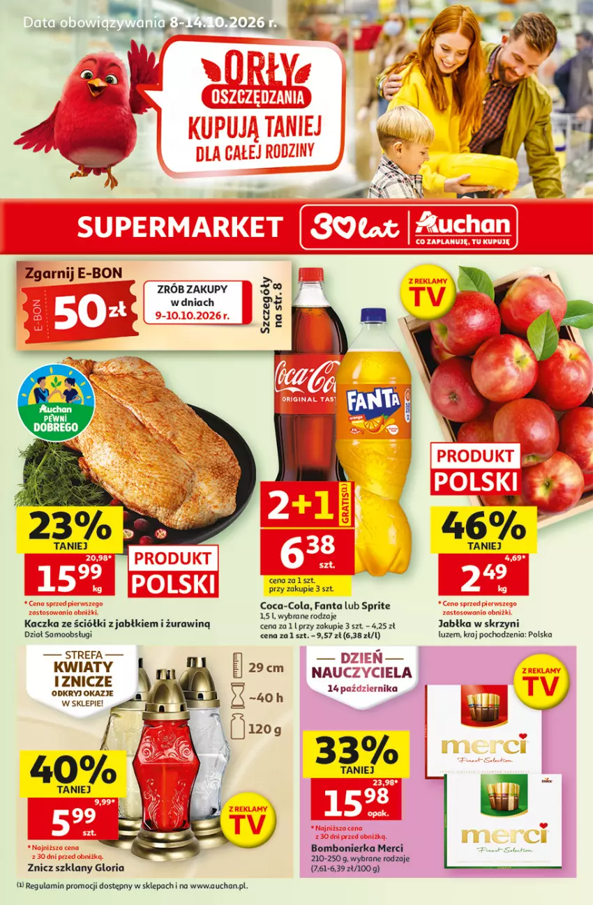 Gazetka promocyjna Auchan - 30 Lat Supermarket - ważna 08.10 do 14.10.2026 - strona 1 - produkty: Coca-Cola, Fa, Fanta, Jabłka, Kaczka, Merci, Sprite, Znicz