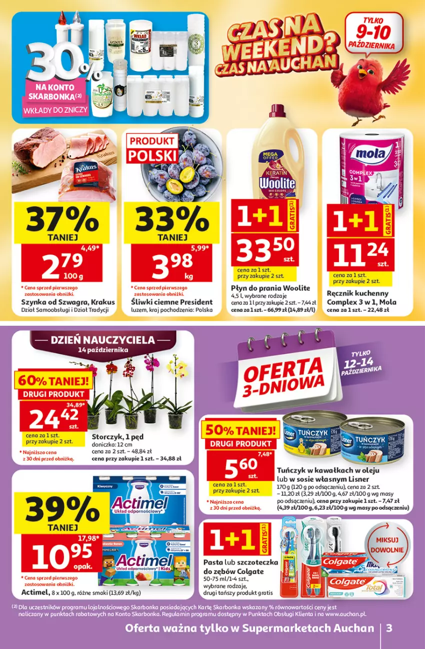 Gazetka promocyjna Auchan - 30 Lat Supermarket - ważna 08.10 do 14.10.2026 - strona 3 - produkty: Actimel, Colgate, Gra, Kawa, Krakus, LG, Lisner, Mola, Olej, Płyn do prania, Ręcznik, Ręcznik kuchenny, Sos, Storczyk, Szczoteczka, Szynka, Tuńczyk, Woolite