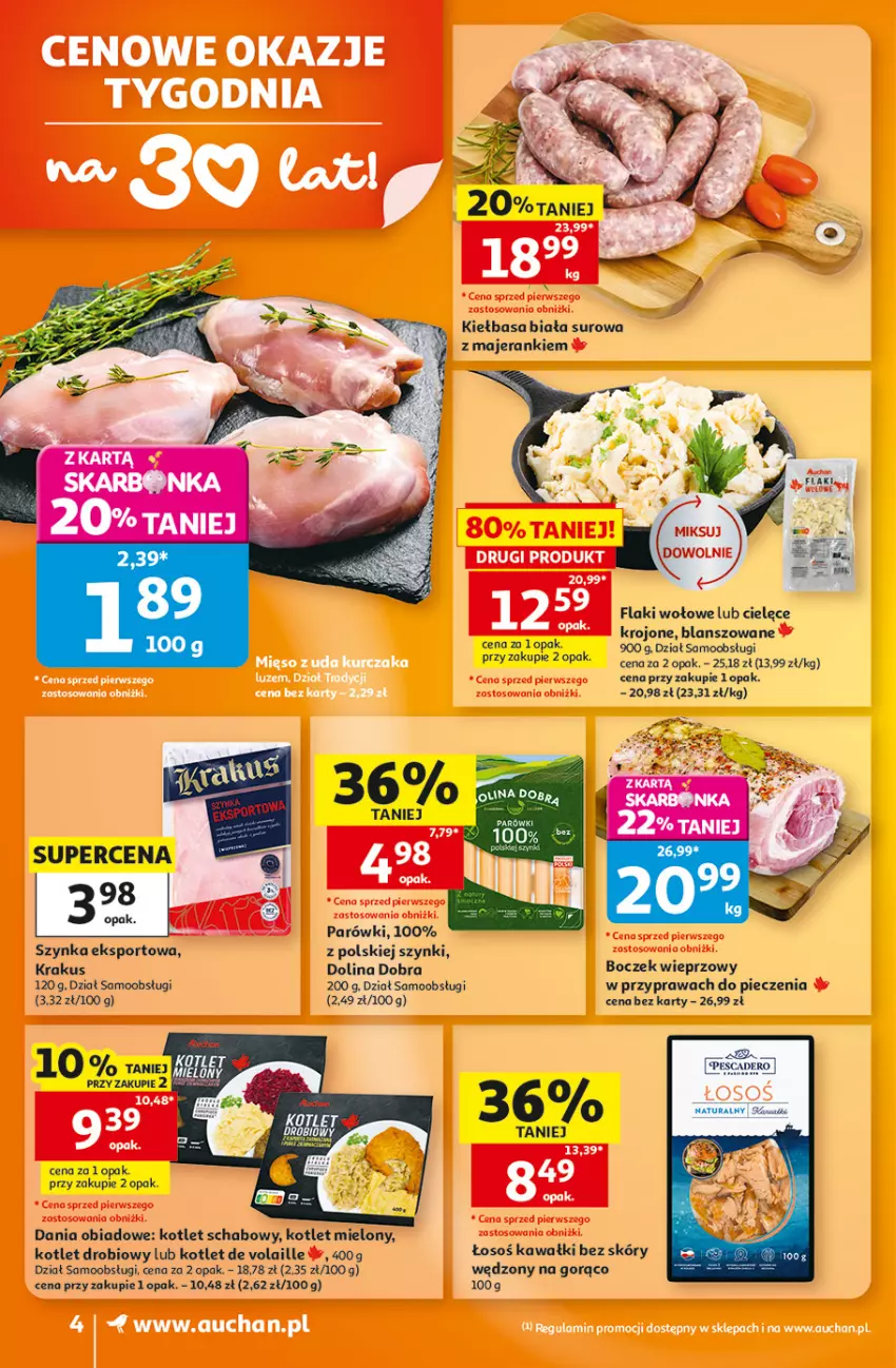 Gazetka promocyjna Auchan - 30 Lat Supermarket - ważna 08.10 do 14.10.2026 - strona 4 - produkty: Boczek, Boczek wieprzowy, Flaki, Flaki wołowe, Kawa, Kiełbasa, Kiełbasa biała, Kotlet, Krakus, Parówki, Piec, Por, Sport, Szynka
