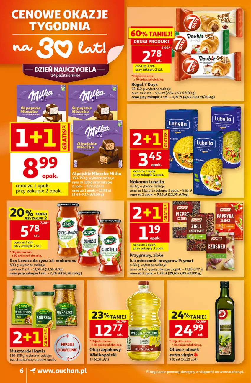 Gazetka promocyjna Auchan - 30 Lat Supermarket - ważna 08.10 do 14.10.2026 - strona 6 - produkty: 7 Days, Bell, Bella, Gin, Gra, Kamis, Lubella, Makaron, Mus, Musztarda, Olej, Olej rzepakowy, Oliwa, Oliwa z oliwek, Prymat, Przyprawy, Rogal, Ryż, Sos, Spaghetti