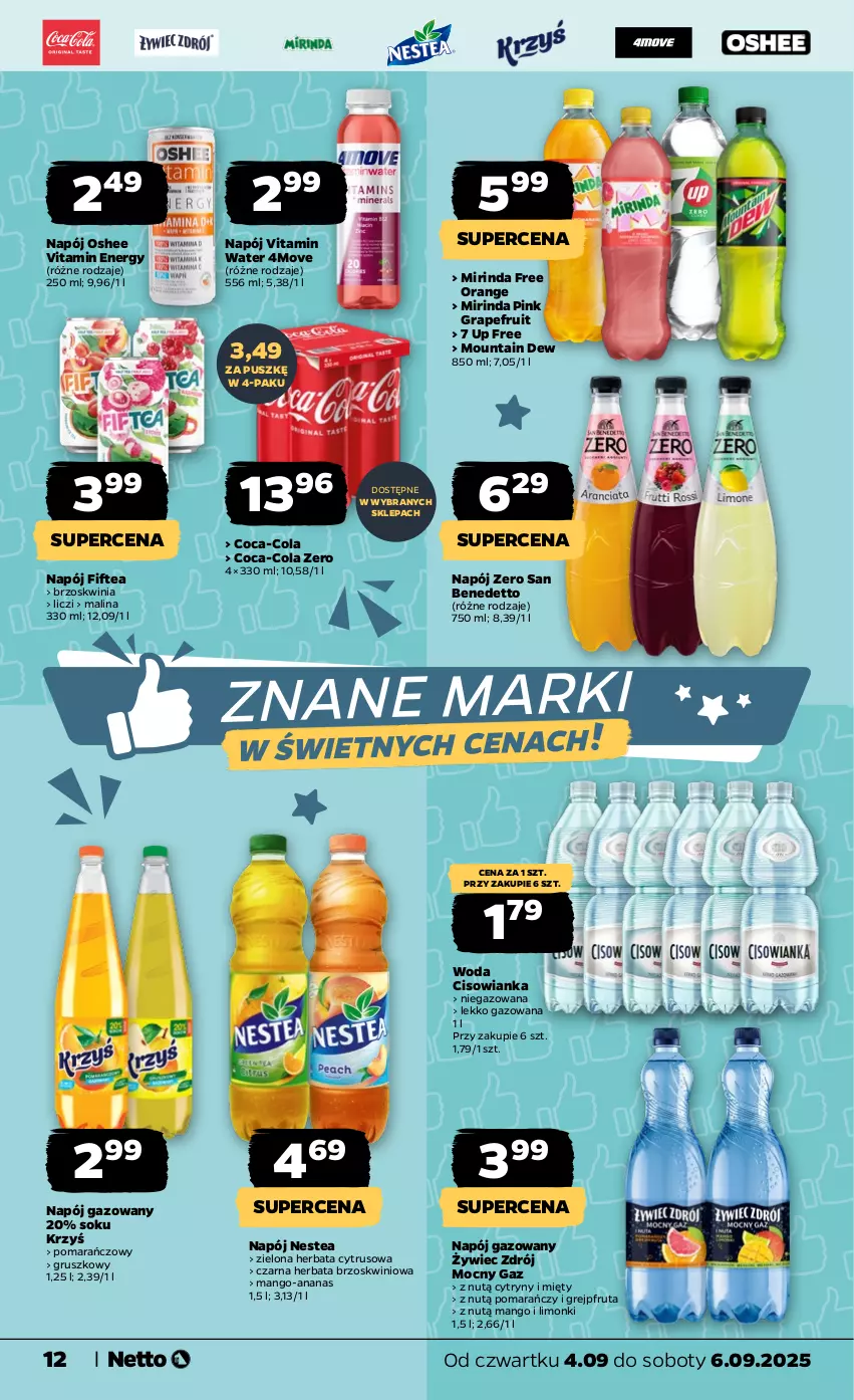 Gazetka promocyjna Netto - Od Czwartku - ważna 04.09 do 06.09.2025 - strona 12 - produkty: Ananas, Cisowianka, Coca-Cola, Cytryny, Gra, Grejpfrut, Herbata, Liczi, Mango, Mirinda, Napój, Napój gazowany, Nestea, Oshee, Sok, Woda