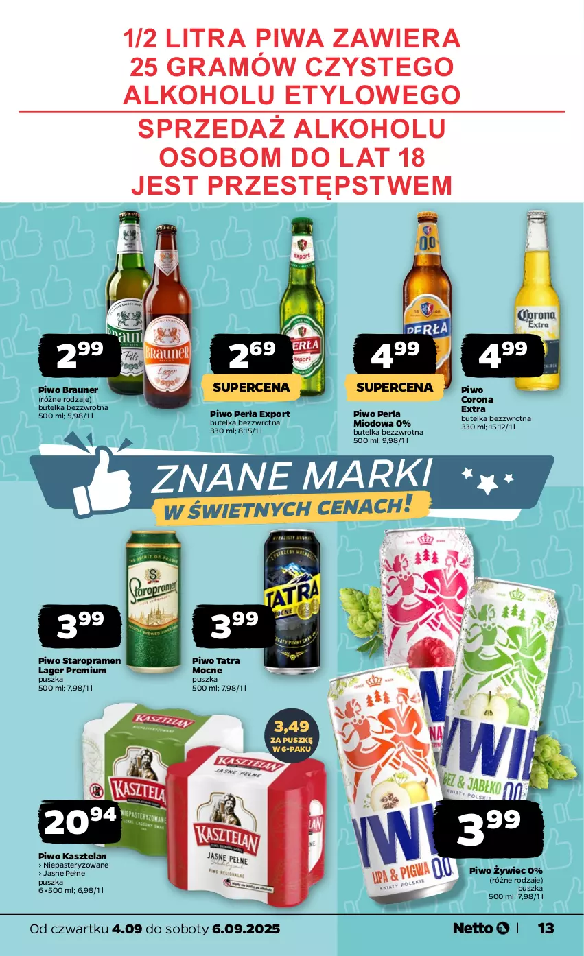 Gazetka promocyjna Netto - Od Czwartku - ważna 04.09 do 06.09.2025 - strona 13 - produkty: Braun, Corona Extra, Gra, Kasztelan, Perła, Piwa, Piwo, Por, Tatra