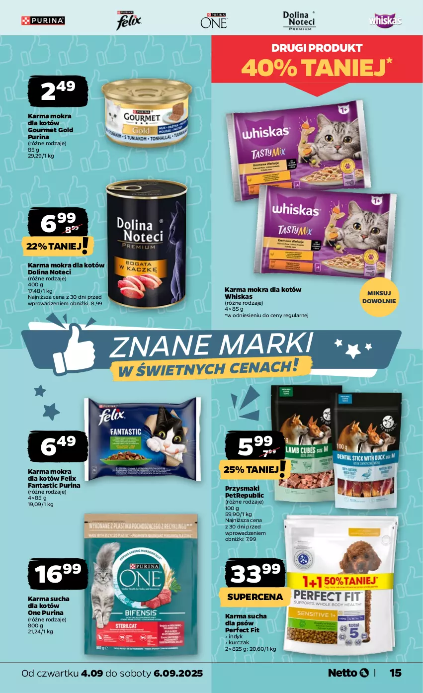 Gazetka promocyjna Netto - Od Czwartku - ważna 04.09 do 06.09.2025 - strona 15 - produkty: Fa, Fanta, Felix, Gourmet Gold, Karma mokra dla kotów, Kurczak, Przysmaki, Pur, Purina, Whiskas