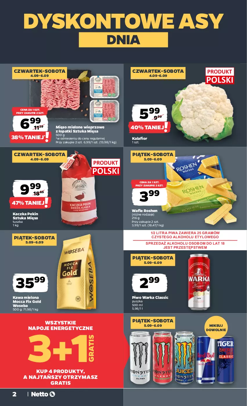 Gazetka promocyjna Netto - Od Czwartku - ważna 04.09 do 06.09.2025 - strona 2 - produkty: Gra, Kaczka, Kalafior, Kawa, Kawa mielona, Mięso, Mięso mielone, Mocca Fix Gold, Napoje, Piwa, Piwo, Tusz, Wafle, Warka, Woseba