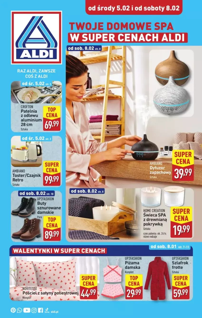 Gazetka promocyjna Aldi - ważna 05.02 do 08.02.2025 - strona 1 - produkty: Buty, Czajnik, Fa, Patelnia, Piżama, Pościel, Szlafrok, Top, Toster