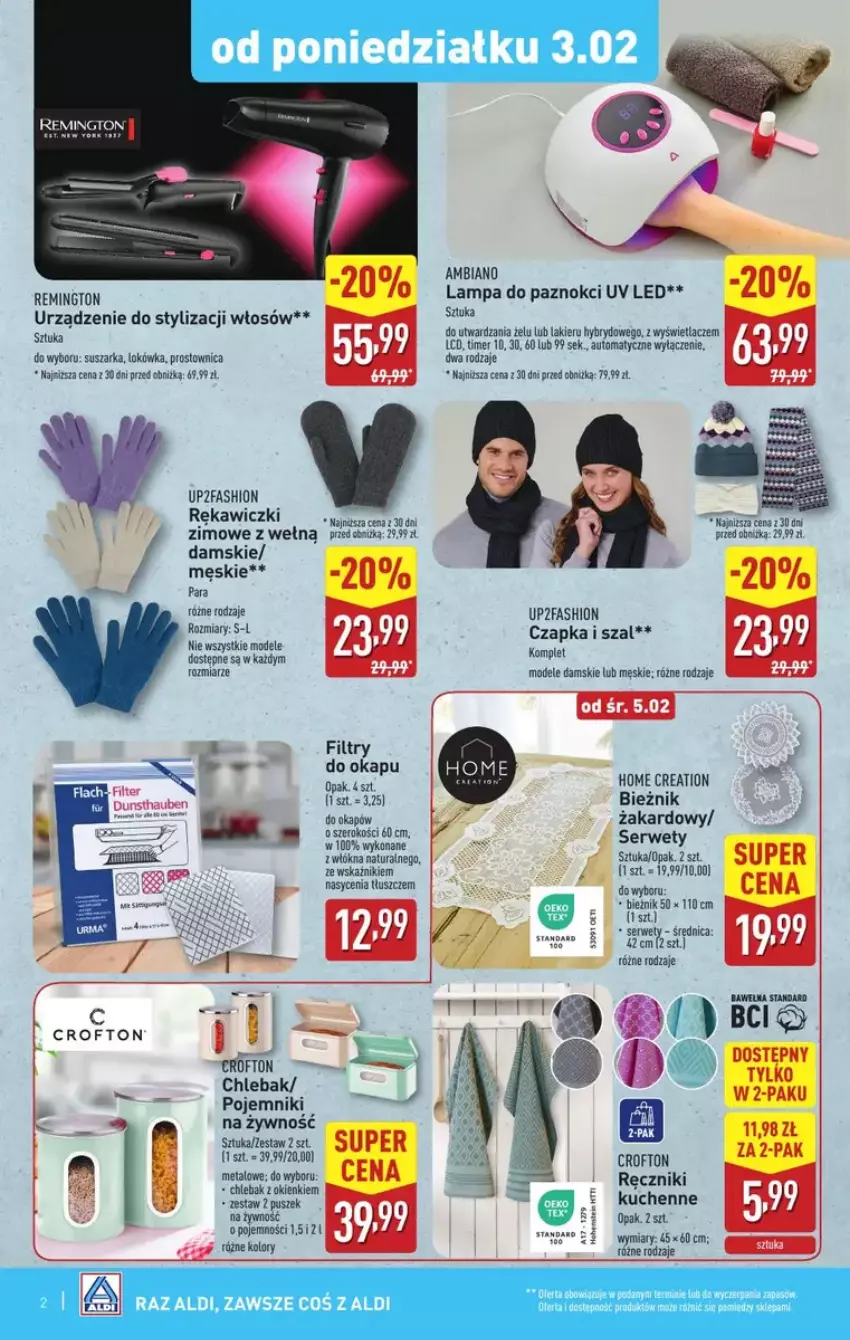 Gazetka promocyjna Aldi - ważna 05.02 do 08.02.2025 - strona 6 - produkty: Bieżnik, Chleb, Chlebak, Czapka, Fa, Lakier, Lampa, Lokówka, Okap, Pojemnik, Remington, Ser, Suszarka, Szal, Tusz