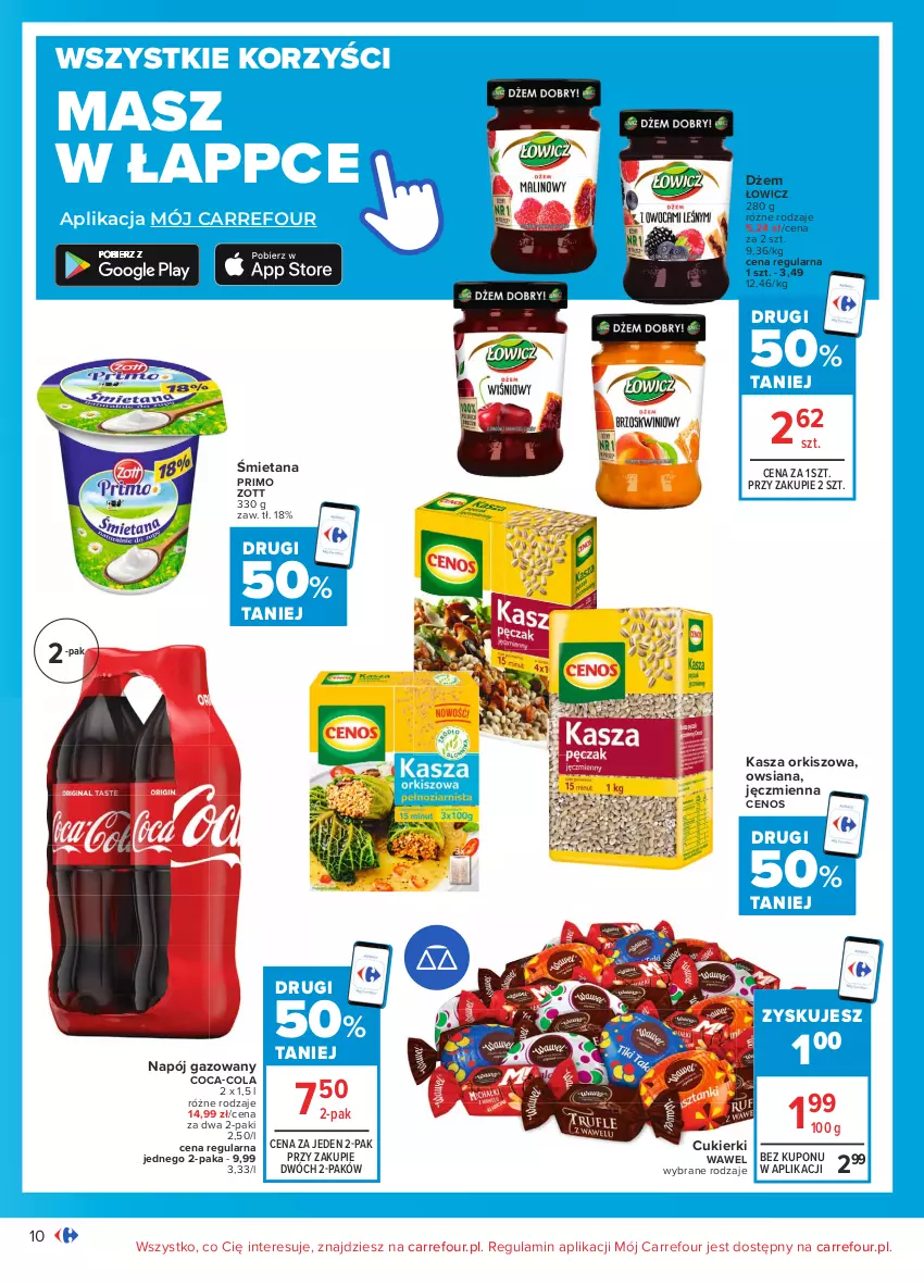 Gazetka promocyjna Carrefour - Gazetka Carrefour - ważna 01.03 do 13.03.2021 - strona 10 - produkty: Cenos, Coca-Cola, Cukier, Cukierki, Dżem, Kasza, Napój, Napój gazowany, Wawel, Zott