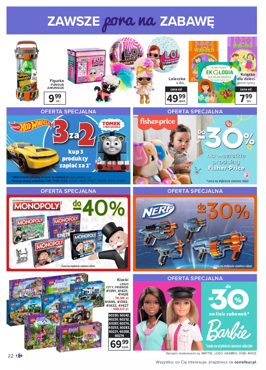 Gazetka promocyjna Carrefour - Gazetka Carrefour - ważna 01.03 do 13.03.2021 - strona 22 - produkty: Dzieci, Fisher-Price, Hasbro, Klocki, Książka, L.O.L., LEGO, LEGO City, Mattel, Por