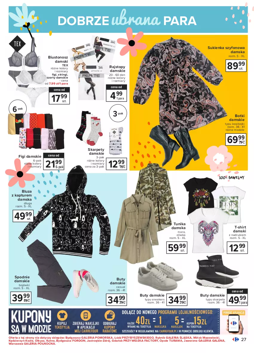 Gazetka promocyjna Carrefour - Gazetka Carrefour - ważna 01.03 do 13.03.2021 - strona 27 - produkty: Biustonosz, Bluza, Bluza z kapturem, Botki, Buty, Fa, Figi, Karp, Rajstopy, Spodnie, Stringi, Sukienka, Szorty, T-shirt, Top, Tunika