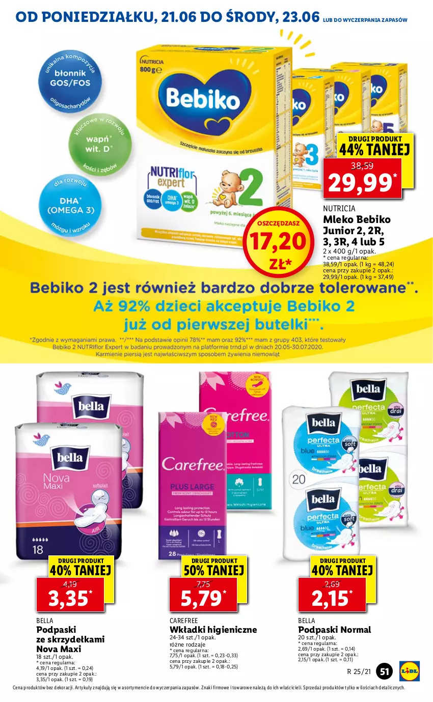 Gazetka promocyjna Lidl - GAZETKA - ważna 21.06 do 23.06.2021 - strona 51 - produkty: Bebiko, Bell, Bella, Carefree, Mleko, Podpaski, Podpaski ze skrzydełkami, Wkładki