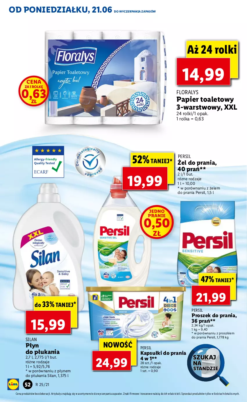 Gazetka promocyjna Lidl - GAZETKA - ważna 21.06 do 23.06.2021 - strona 52 - produkty: Flora, Kapsułki do prania, Papier, Papier toaletowy, Persil, Płyn do płukania, Por, Proszek do prania, Rolki, Silan