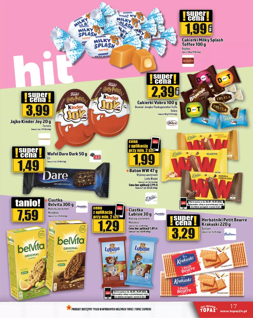 Gazetka promocyjna Topaz - Gazetka - ważna 04.07 do 10.07.2024 - strona 17 - produkty: Baton, BelVita, Brownie, Ciastka, Cukier, Cukierki, Ferrero, Gala, Galaretka, Herbatniki, Herbatniki Petit Beurre, Kinder, Krakus, Krakuski, Lubisie, Top