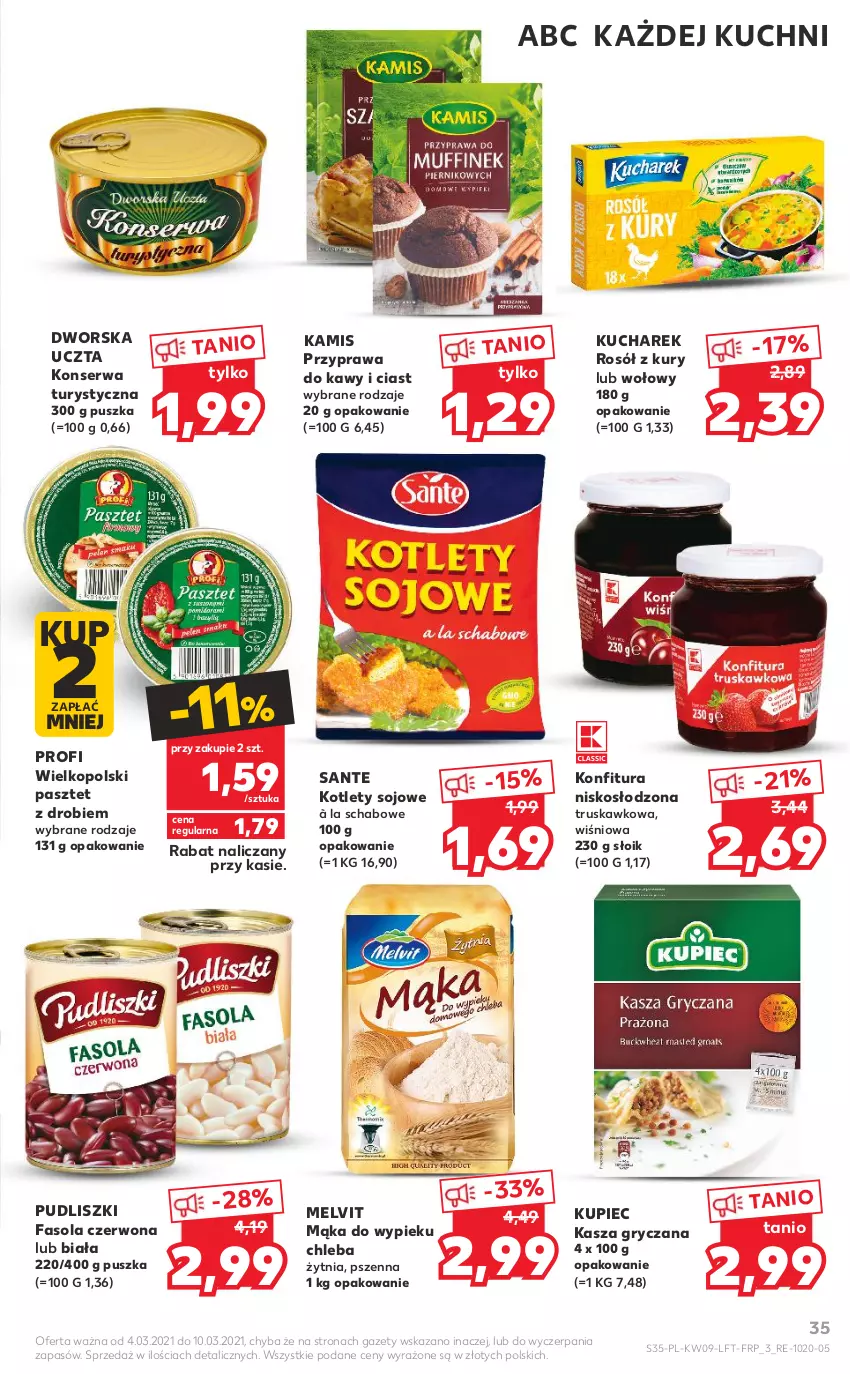 Gazetka promocyjna Kaufland - Oferta tygodnia - ważna 03.03 do 09.03.2021 - strona 35 - produkty: Chleb, Fa, Fasola, Gry, Kamis, Kasza, Kasza gryczana, Konfitura, Konserwa turystyczna, Kotlet, Kucharek, Kupiec, Mąka, Melvit, Pasztet, Piec, Pudliszki, Rosół, Sante, Ser