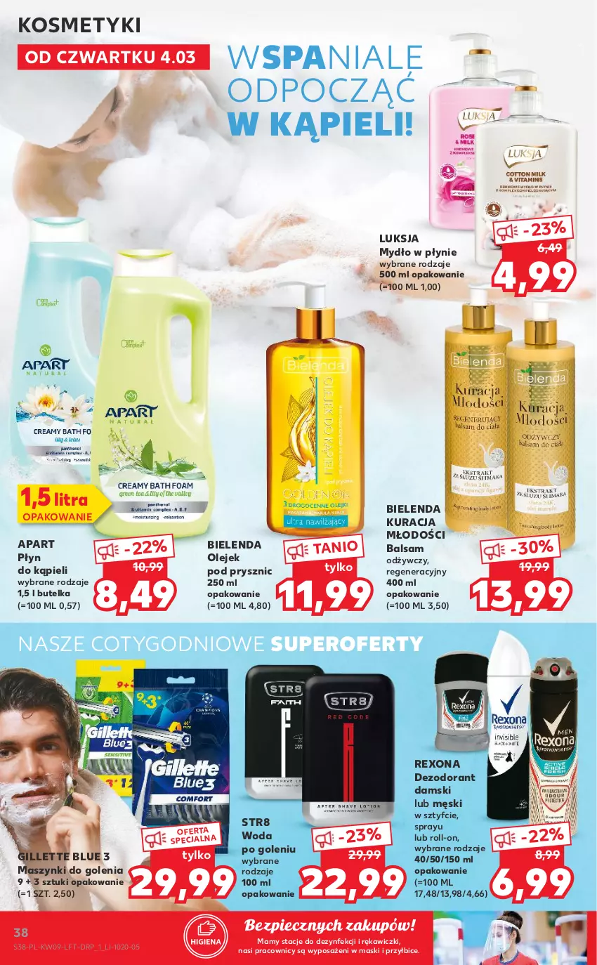 Gazetka promocyjna Kaufland - Oferta tygodnia - ważna 03.03 do 09.03.2021 - strona 38 - produkty: BIC, Bielenda, Dezodorant, Gillette, Luksja, Mydło, Mydło w płynie, Olej, Olejek pod prysznic, Piec, Płyn do kąpieli, Rexona, Str8, Woda, Woda po goleniu