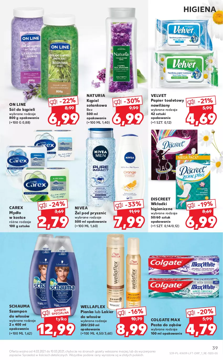 Gazetka promocyjna Kaufland - Oferta tygodnia - ważna 03.03 do 09.03.2021 - strona 39 - produkty: Colgate, Discreet, Lakier, Lakier do włosów, LG, Mydło, Nivea, Papier, Papier toaletowy, Pasta do zębów, Schauma, Sól, Sól do kąpieli, Solan, Szampon, Velvet, Wella, Wellaflex, Wkładki