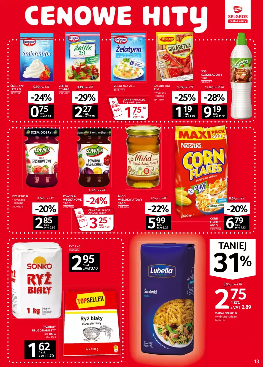 Gazetka promocyjna Selgros - Oferta spożywcza - ważna 10.06 do 23.06.2021 - strona 13 - produkty: Corn flakes, Dżem, Gala, Galaretka, Makaron, Miód, Ryż, Ryż biały, Sos