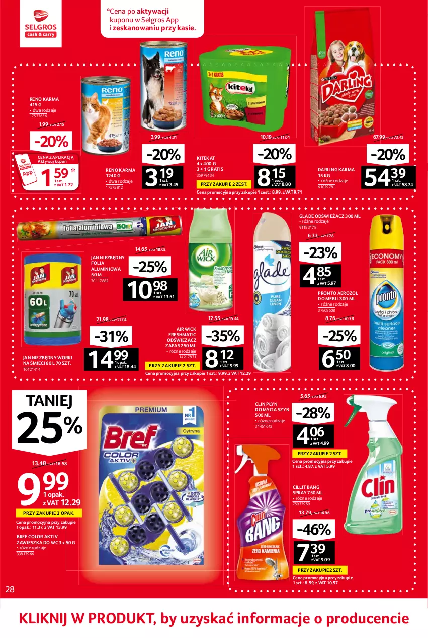 Gazetka promocyjna Selgros - Oferta spożywcza - ważna 10.06 do 23.06.2021 - strona 28 - produkty: Air Wick, Bref, Cillit Bang, Clin, Folia aluminiowa, Gra, Jan Niezbędny, KiteKat, LG, Płyn do mycia, Pronto, Worki na śmiec, Worki na śmieci, Zawieszka do wc