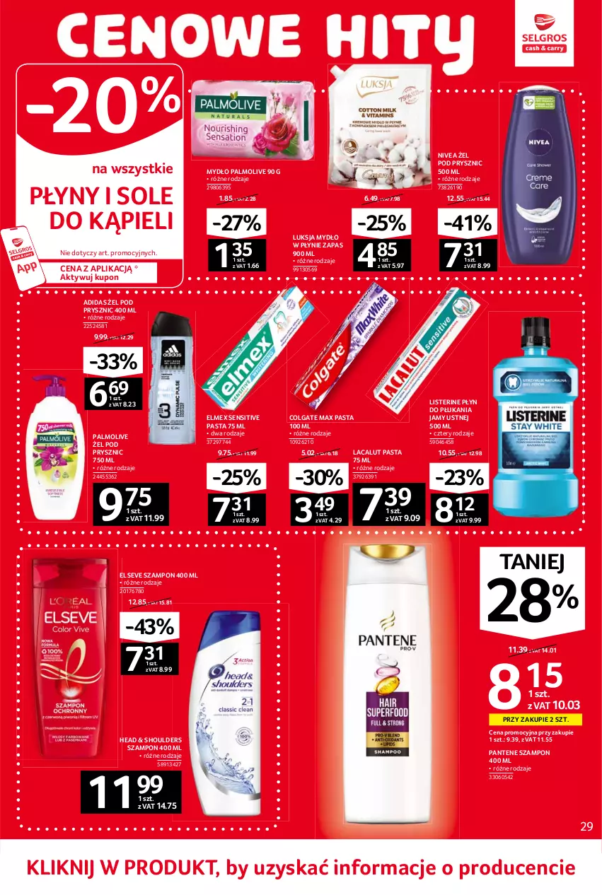 Gazetka promocyjna Selgros - Oferta spożywcza - ważna 10.06 do 23.06.2021 - strona 29 - produkty: Adidas, Colgate, Elmex, Elseve, Lacalut, LG, Listerine, Luksja, Mydło, Mydło w płynie, Nivea, Palmolive, Pantene, Płyn do płukania, Płyn do płukania jamy ustnej, Szampon