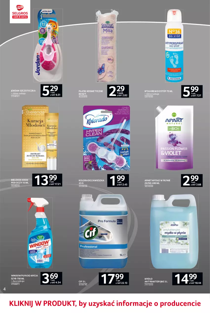 Gazetka promocyjna Selgros - Oferta spożywcza - ważna 10.06 do 23.06.2021 - strona 34 - produkty: Bielenda, Cif, Kolorado, Krem do stóp, Krem pod oczy, Mydło, Mydło w płynie, Płatki kosmetyczne, Płyn do mycia, Szczoteczka