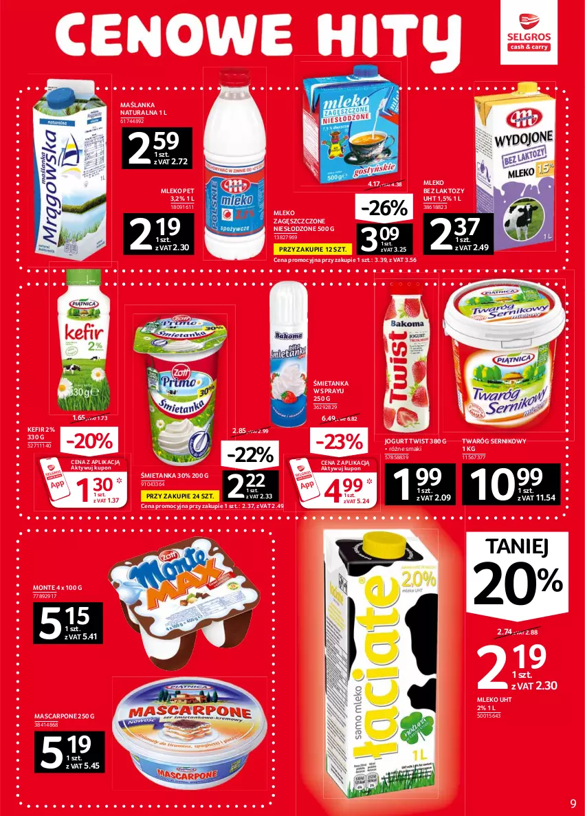 Gazetka promocyjna Selgros - Oferta spożywcza - ważna 10.06 do 23.06.2021 - strona 9 - produkty: Jogurt, Kefir, Mascarpone, Maślanka, Mleko, Mleko bez laktozy, Monte, Ser, Twaróg