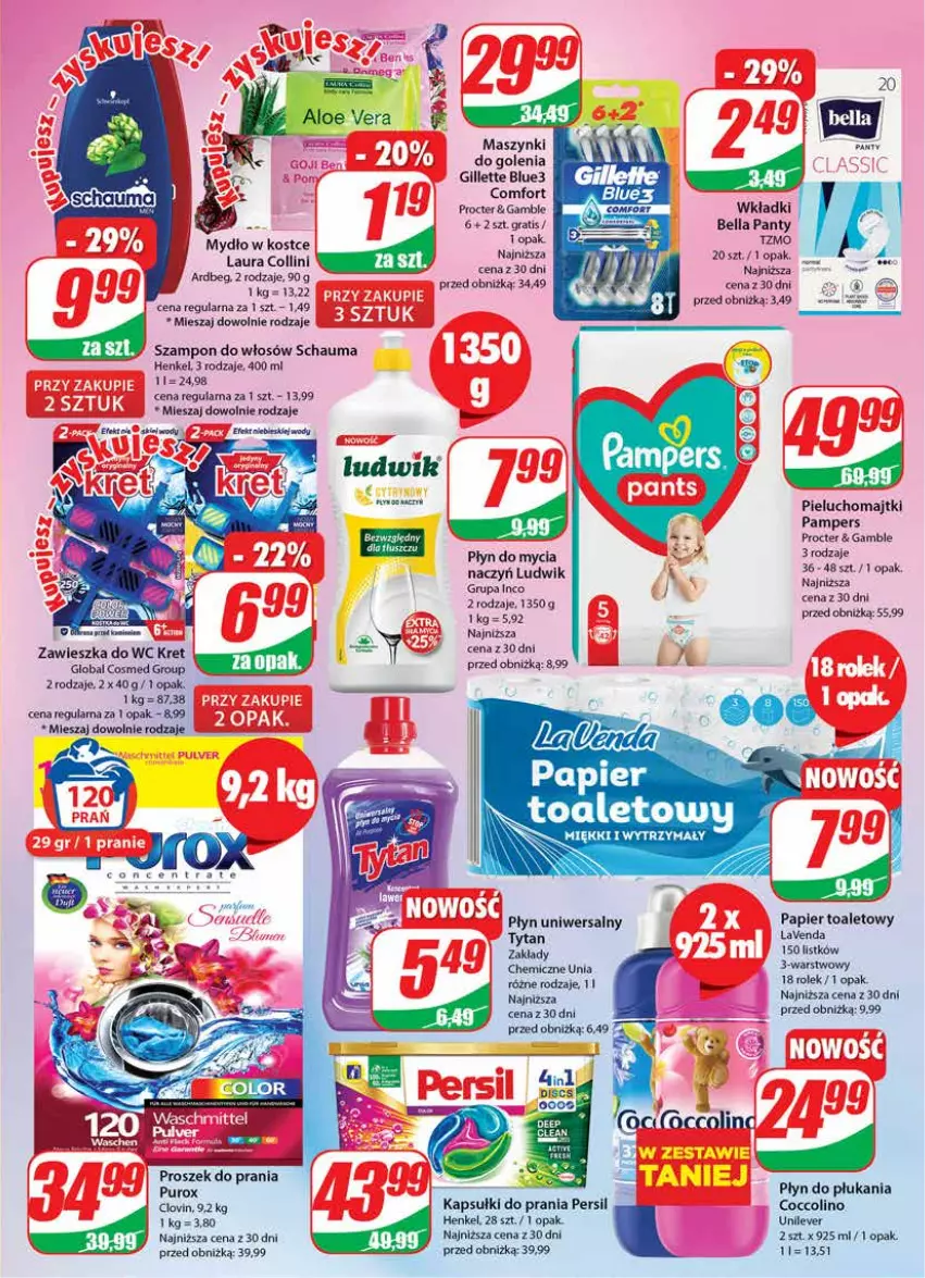 Gazetka promocyjna Dino - Gazetka 34 - ważna 23.08 do 29.08.2023 - strona 23 - produkty: Aloe vera, Bell, Bella, Coccolino, Do mycia naczyń, Gillette, Gra, Kapsułki do prania, Kret, Laur, Lovi, Ludwik, Majtki, Mydło, Pampers, Papier, Papier toaletowy, Persil, Pieluchomajtki, Płyn do mycia, Płyn do mycia naczyń, Płyn do płukania, Proszek do prania, Pur, Schauma, Szampon, Wkładki, Zawieszka do wc