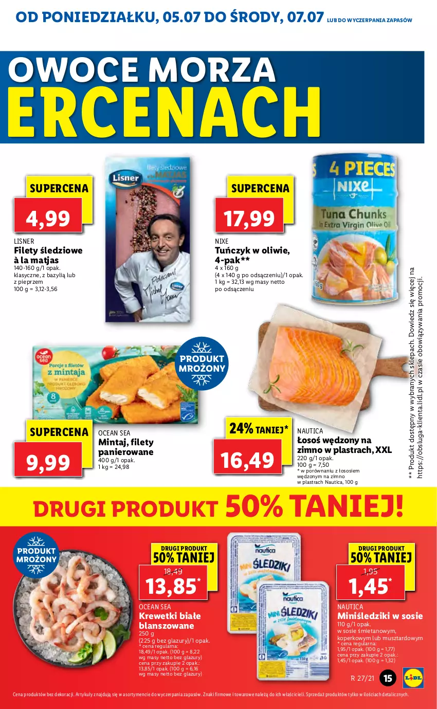 Gazetka promocyjna Lidl - GAZETKA - ważna 05.07 do 07.07.2021 - strona 15 - produkty: Bazyl, Krewetki, Lazur, Lisner, Matjas, Mintaj, Mus, Owoce, Owoce morza, Pieprz, Por, Sos, Tuńczyk