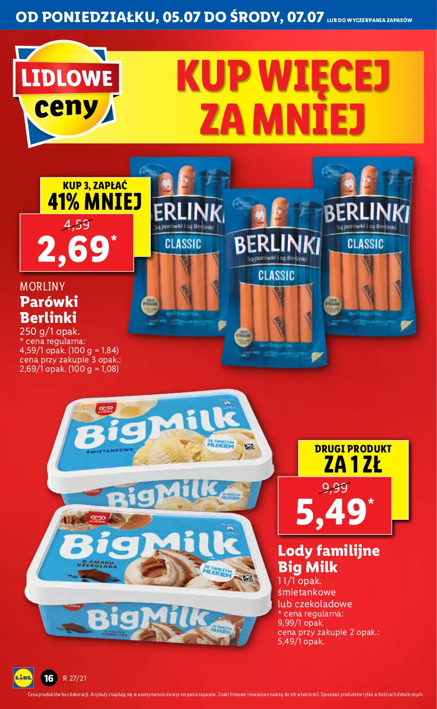 Gazetka promocyjna Lidl - GAZETKA - ważna 05.07 do 07.07.2021 - strona 16 - produkty: Berlinki, Big Milk, Fa, Lody, Morliny, Parówki