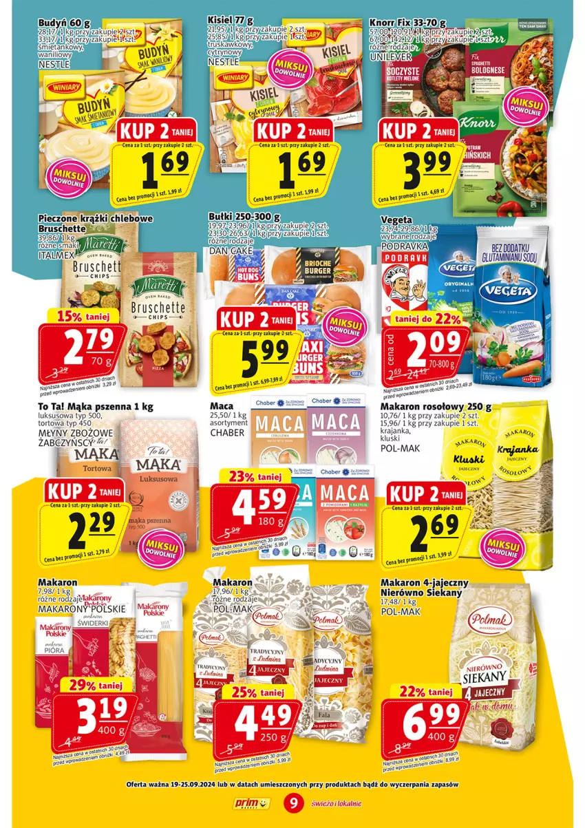 Gazetka promocyjna Prim Market - ważna 19.09 do 25.09.2024 - strona 9 - produkty: Bruschette, Chleb, Gin, Mąka, Mąka pszenna, Makaron, Olma, Piec, Podravka, Spaghetti, Vegeta