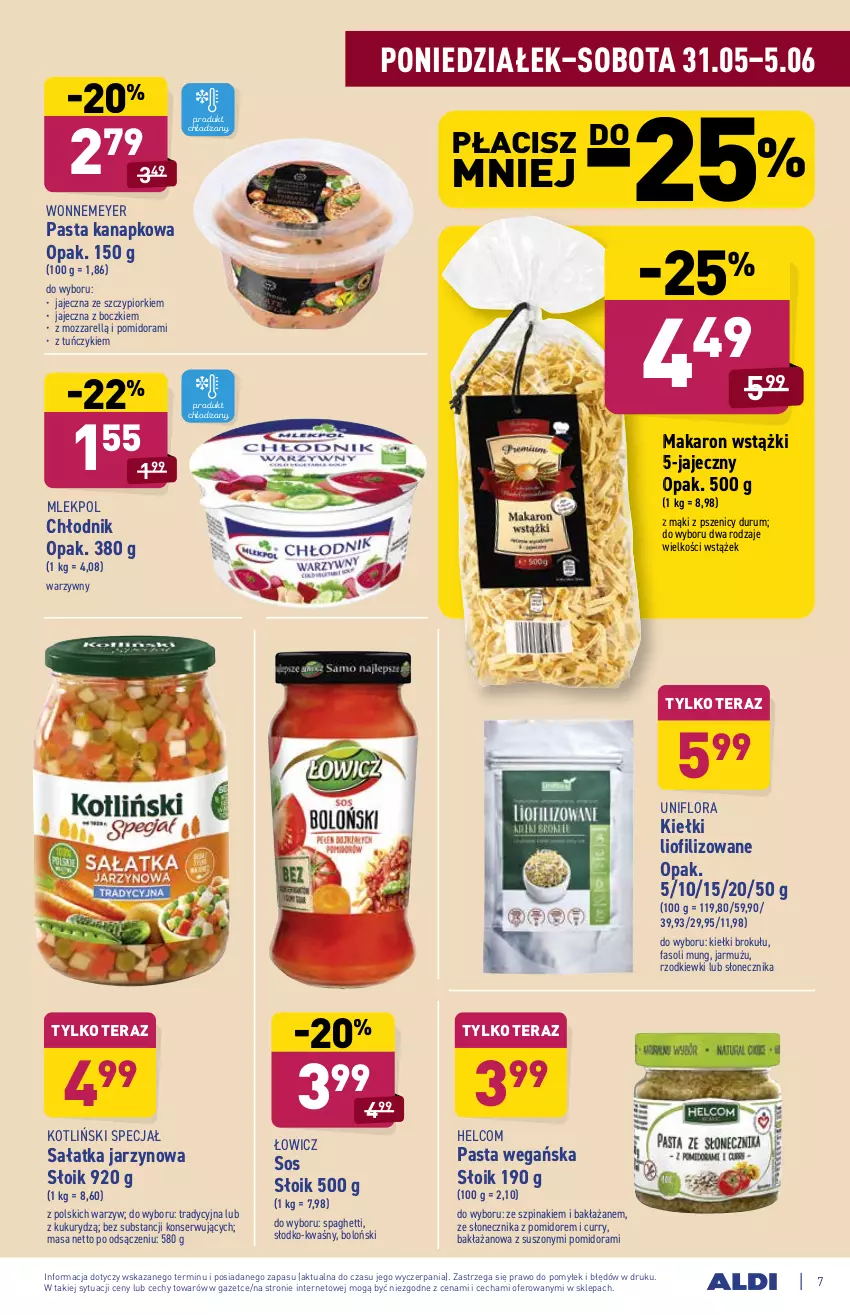 Gazetka promocyjna Aldi - ważna 31.05 do 05.06.2021 - strona 7 - produkty: Fa, Fasoli mung, Flora, HELCOM, Jarmuż, Kiełki, Makaron, Rum, Sałat, Sałatka, Ser, Sos, Spaghetti, Szpinak, Tera, Tuńczyk