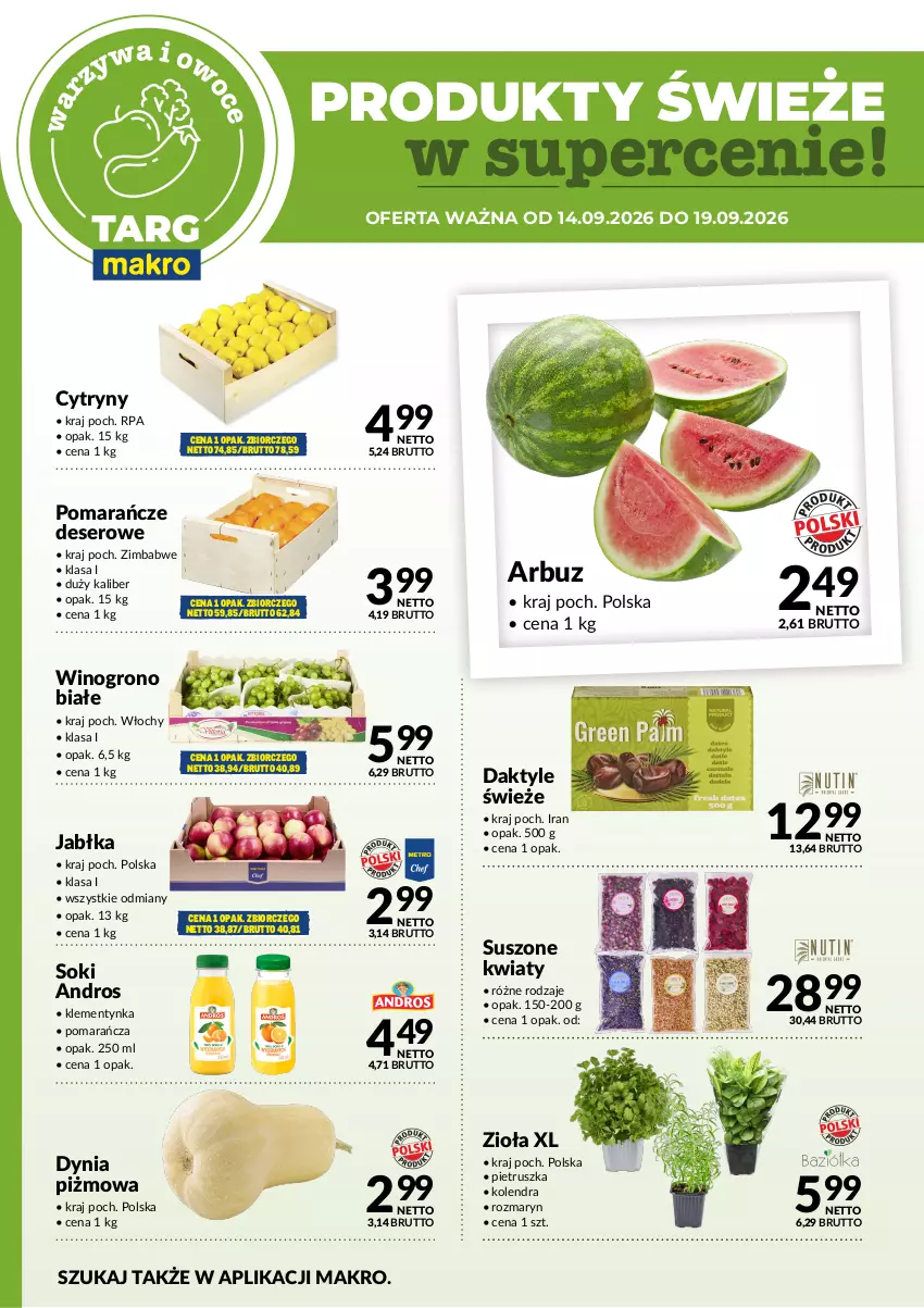 Gazetka promocyjna Makro - Targ MAKRO - oferta świeża w super cenach! - ważna 12.09 do 19.09.2026 - strona 5 - produkty: Arbuz, Cytryny, Daktyle, Deser, Jabłka, Kolendra, Pietruszka, Pomarańcze, Ser, Sok, Wino