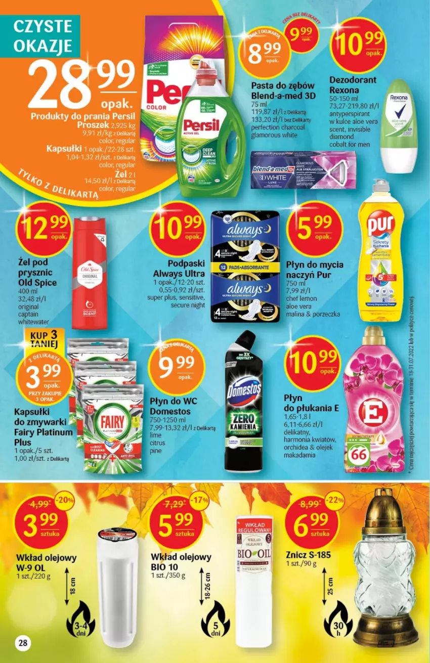 Gazetka promocyjna Delikatesy Centrum - Gazetka DC36 - ważna 15.09 do 21.09.2022 - strona 28 - produkty: Aloe vera, Always, Always Ultra, Antyperspirant, Dezodorant, Domestos, Fa, Fairy, Gin, Olej, Płyn do wc, Podpaski, Wkład olejowy, Zmywarki, Znicz