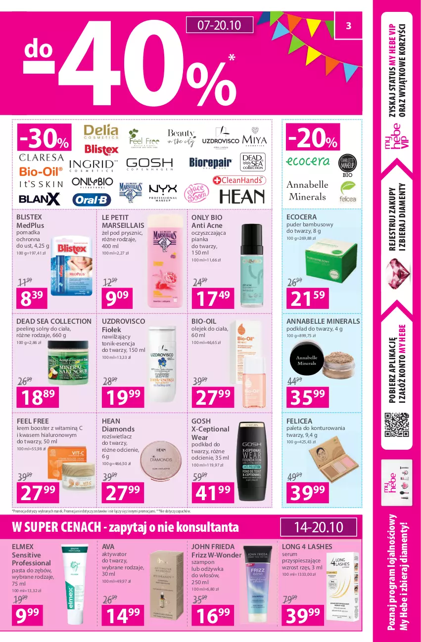 Gazetka promocyjna Hebe - Gazetka - ważna 07.10 do 20.10.2021 - strona 3 - produkty: Bell, Bio-Oil, Booster, Elmex, Gosh, Gra, John frieda, Long 4 Lashes, Mars, Odżywka, Olej, Olejek do ciała, Paleta, Pasta do zębów, Peeling, Podkład, Podkład do twarzy, Puder, Rozświetlacz, Rum, Ser, Serum, Szampon, Tonik