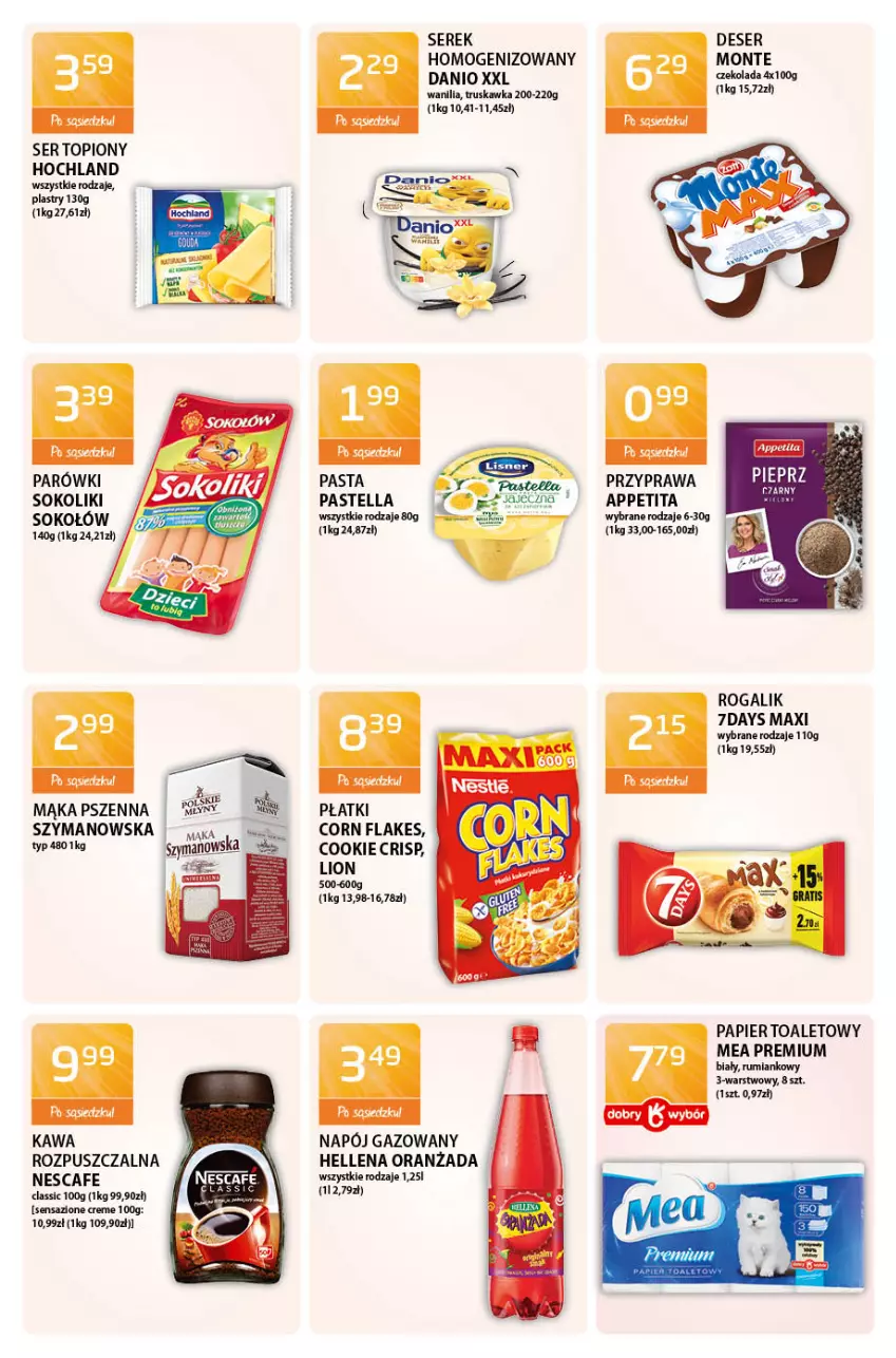 Gazetka promocyjna ABC - Gazetka - ważna 22.04 do 06.05.2021 - strona 8 - produkty: Corn flakes, Czekolada, Danio, Deser, Hellena, Hochland, Kawa, Kawa rozpuszczalna, Lion, Mąka, Mąka pszenna, Monte, Napój, Napój gazowany, Oranżada, Papier, Papier toaletowy, Parówki, Parówki sokoliki, Pastella, Pieprz, Rogal, Rum, Ser, Ser topiony, Serek, Sok, Sokołów, Top