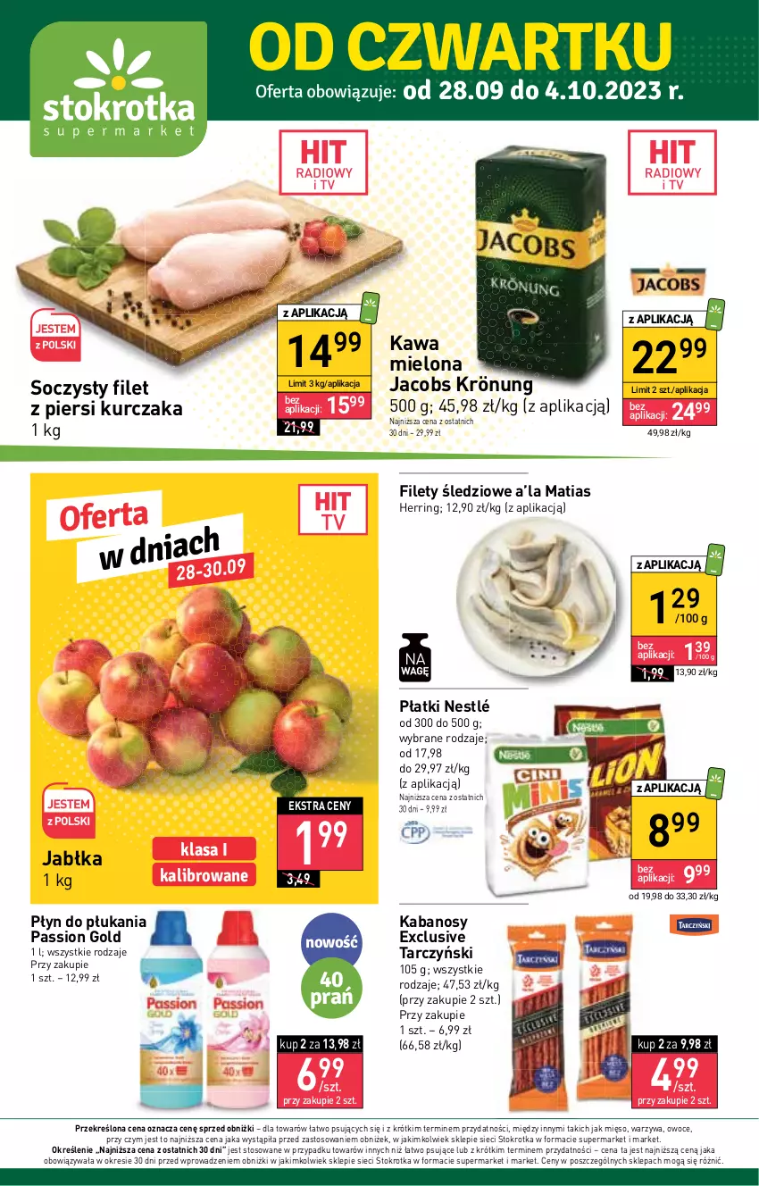 Gazetka promocyjna Stokrotka - Supermarket - ważna 28.09 do 04.10.2023 - strona 1 - produkty: Filet z piersi kurczaka, Jabłka, Jacobs, Jacobs Krönung, Kabanos, Kawa, Kawa mielona, Kurczak, Mięso, Nestlé, Owoce, Płyn do płukania, Tarczyński, Warzywa