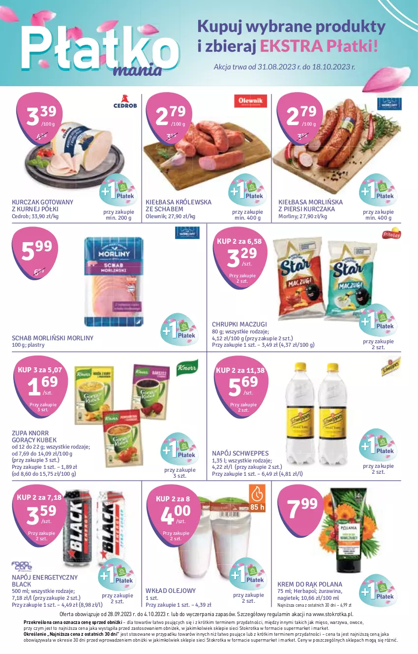 Gazetka promocyjna Stokrotka - Supermarket - ważna 28.09 do 04.10.2023 - strona 12 - produkty: Chrupki, Herbapol, Kiełbasa, Knorr, Krem do rąk, Kubek, Kurczak, Kurczak gotowany, Lack, LANA, Mięso, Morliny, Napój, Napój energetyczny, Olej, Olewnik, Owoce, Schweppes, Warzywa, Wkład olejowy, Zupa