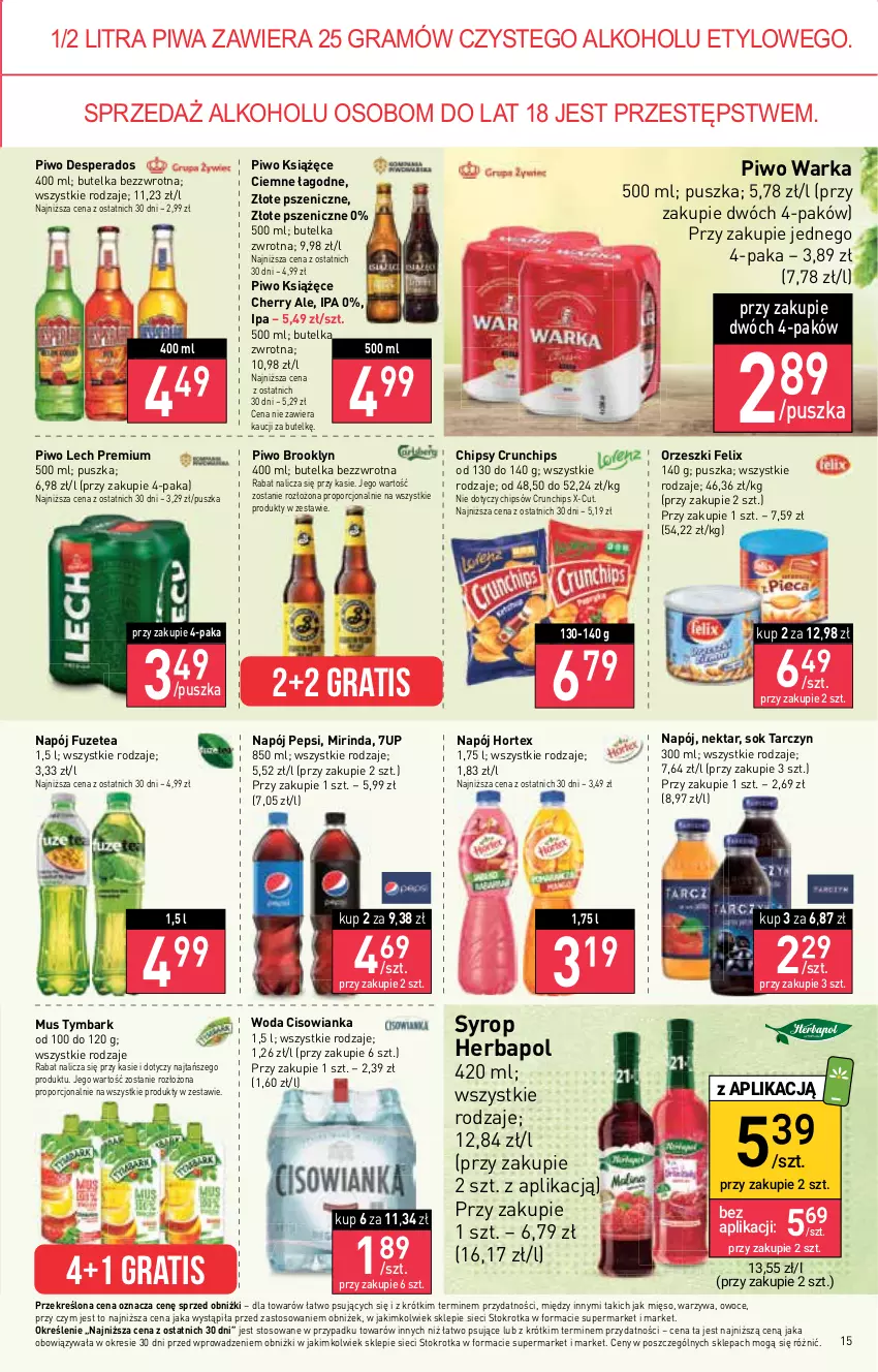 Gazetka promocyjna Stokrotka - Supermarket - ważna 28.09 do 04.10.2023 - strona 16 - produkty: 7up, Chipsy, Cisowianka, Crunchips, Desperados, Felix, Gra, Herbapol, Hortex, Książęce, Lech Premium, Mięso, Mirinda, Mus, Napój, Nektar, Orzeszki, Owoce, Pepsi, Piwa, Piwo, Por, Sok, Syrop, Tymbark, Warka, Warzywa, Woda