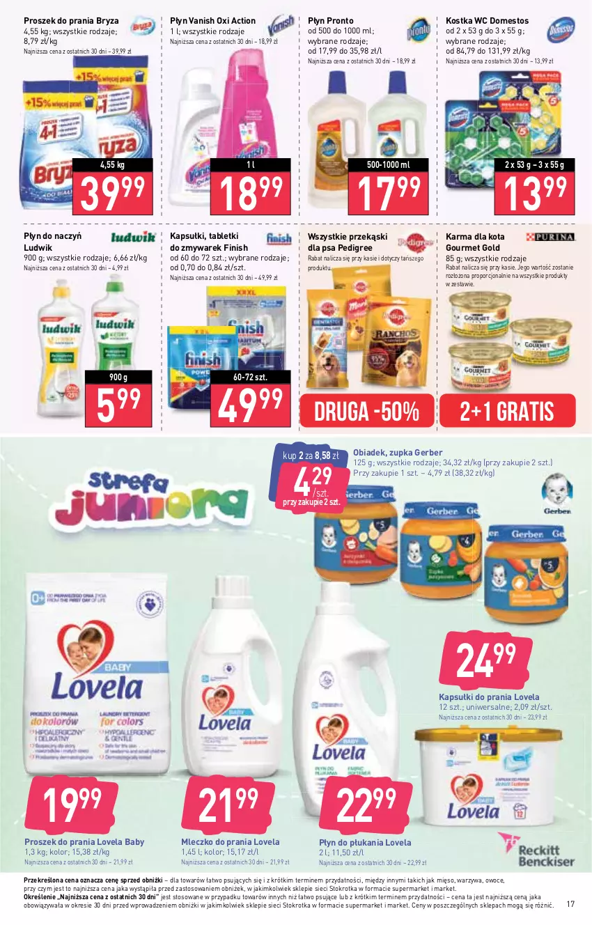 Gazetka promocyjna Stokrotka - Supermarket - ważna 28.09 do 04.10.2023 - strona 18 - produkty: Bryza, Domestos, Finish, Gerber, Gourmet Gold, Gra, Kapsułki do prania, Lovela, Ludwik, Mięso, Mleczko, Mleczko do prania, Owoce, Pedigree, Płyn do płukania, Por, Pronto, Proszek do prania, Przekąski dla psa, Tablet, Vanish, Warzywa